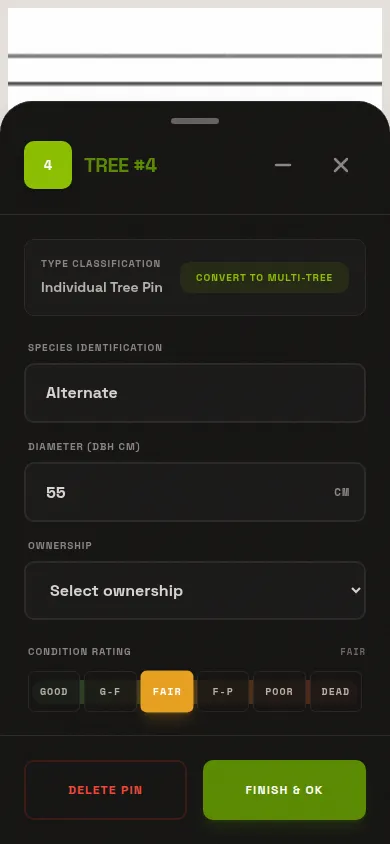Mobile screen showing the LogLog tree data entry form with species, DBH, and condition fields